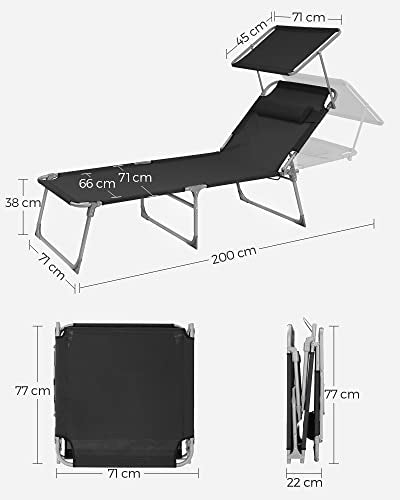 Lounger, Sunbed, Large Reclining Sun Chair, 71 x 200 x 38 cm, Load Capacity 150 kg, with Headrest, Reclining Backrest, Sunshade, Foldable, for Garden, Black GCB22BK