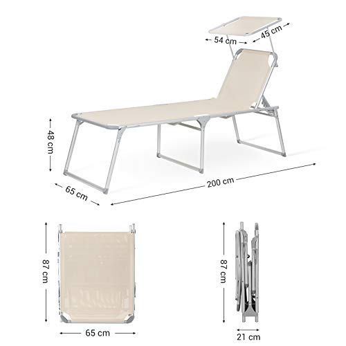 Sun Lounger, Sunbed, Large Reclining Sun Chair, 65 x 200 x 48 cm, Load Capacity 150 kg, with Reclining Backrest, Sunshade, Foldable, for Garden, Balcony, Terrace, Beige GCB26BE