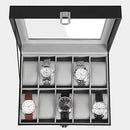 Watch Box with 10 Slots, Watch Case with Glass Lid, Watch Display Box with Removable Watch Pillows, Metal Clasp, Gift Idea, Black Synthetic Leather, Grey Lining JWB010BK