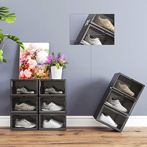 Shoe Boxes, Pack of 6 Stackable Shoe Organisers with Clear Door, Plastic Shoe Storage for UK Size 11, 36 x 28 x 22 cm, Black LSP06CB