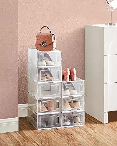 Shoe Boxes, Pack of 8 Stackable Shoe Storage Organisers, Foldable and Versatile for Sneakers, Fit up to UK Size 10.5, Transparent and White LSP08SWT