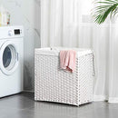 Handwoven Laundry Basket, 110L Synthetic Rattan Divided Clothes Hamper with Lid and Handles, Foldable, Removable Liner Bag, White LCB52WT