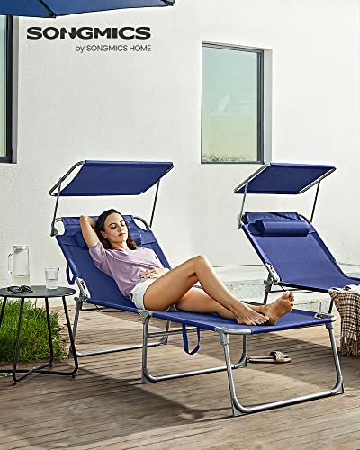 Lounger, Sunbed, Large Reclining Sun Chair, 71 x 200 x 38 cm, Load Capacity 150 kg, with Headrest, Reclining Backrest, Sunshade, Foldable, for Garden, Dark Blue GCB22BUV2