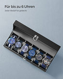 Watch Box with 6 Slots, Watch Case with Glass Lid, Velvet Watch Pillows, Watch Holder with Clasp, 11.2 x 30 x 8 cm, Gift Idea, Black Synthetic Leather, Grey Lining JWB06BK