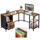 Corner Desk, L-Shaped Computer Desk, Office Desk with Cupboard and Hanging File Cabinet, 2 Shelves, Home Office, Space-Saving, Easy Assembly, Industrial Design, Rustic Brown and Black LWD75X