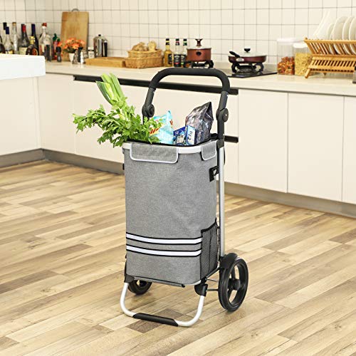 Shopping Trolley, Foldable Shopping Cart, Solid, with Insulated Cooling Bag, Large Capacity 35L, Multifunctional Luggage Cart with Wheels, Detachable Backpack, Grey KST02GY