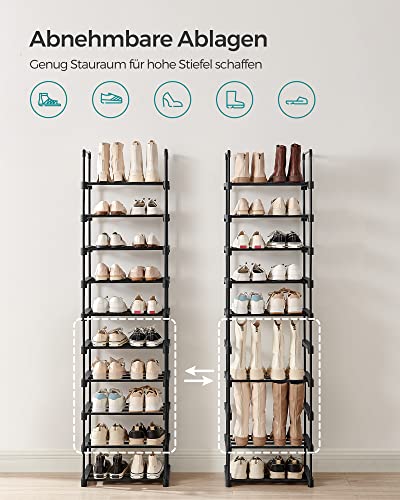 Shoe Rack, 10-Tier Metal Shoe Storage Organiser, Customisable Design, Metal Frame, Space-Saving Rack, for Dressing Room, Hallway, 30 x 45 x 174 cm, Black LSA25BK