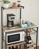 Küchenregal, Stehendes Regal mit Metallkorb, Bäckerregal mit 6 S-Haken und Einlegeböden, Mikrowellenregal, Gewürzregal, für Töpfe und Pfannen, Industriedesign, Eiche Braun/Schwarz KKS035B50