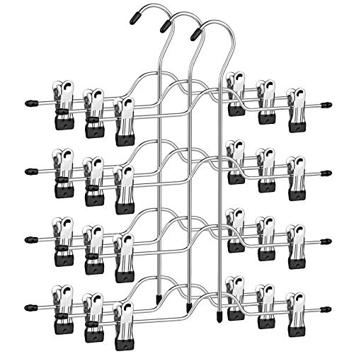 Hosenrock-Kleiderbügel mit Clips, 3er-Set, platzsparende 4-stufige Hosenbügel aus Metall, mit 8 verstellbaren, rutschfesten Clips, für Hosen, Jeans, Handtücher, Shorts, 32 cm, Silber und Schwarz