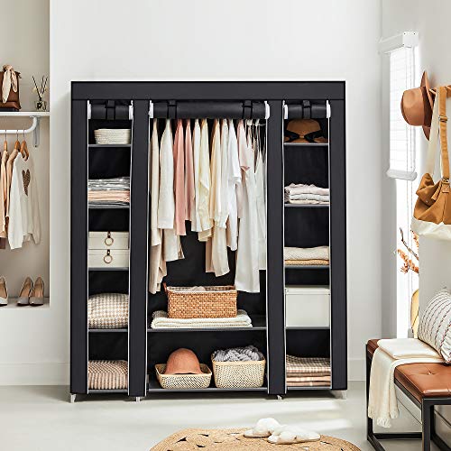 Tragbarer Kleiderschrank, faltbarer Kleiderschrank, Kleideraufbewahrungs-Organizer mit Kleiderstange, Regalen, Stoffbezug, für Schlafzimmer, Garderobe, 150 x 45 x 175 cm, Schwarz