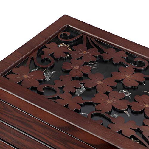 Wooden Jewellery Box with Floral Carving, 6-Tier Jewellery Organiser with 5 Removable Pull-Out Drawers, Gift for Loved Ones, Dark Brown JBC56W