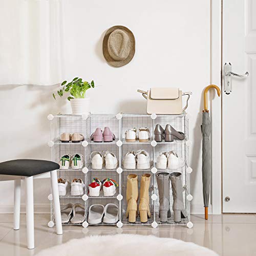 Modular Shoe Rack 15 Cubes, DIY Shelf with Metal Mesh Panels, Wardrobe Cabinet Hallway Bedroom Includes Rubber Gavel, White, LPI44WS