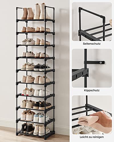 Shoe Rack, 10-Tier Metal Shoe Storage Organiser, Customisable Design, Metal Frame, Space-Saving Rack, for Dressing Room, Hallway, 30 x 45 x 174 cm, Black LSA25BK