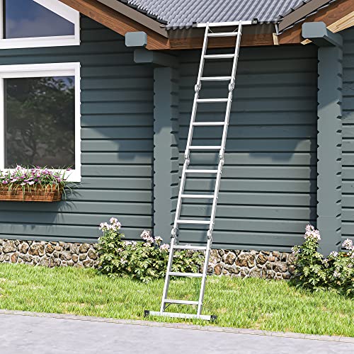 3.5 m Ladder, Multi-Purpose Aluminium Ladder with 2 Metal Plates and 12 Steps, Articulated, Holds up to 150 kg, Silver GLT36M