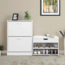 Schuhregal mit Klappdeckel und gepolstertem Sitz, Schuh-Organizer mit 2 Fächern, 60 x 30 x 44 cm, Weiß