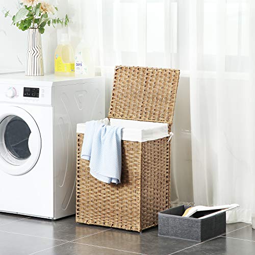 Handwoven Laundry Basket, 90L Synthetic Rattan Clothes Hamper with Lid and Handles, Foldable, Removable Liner Bag, Natural LCB51NL