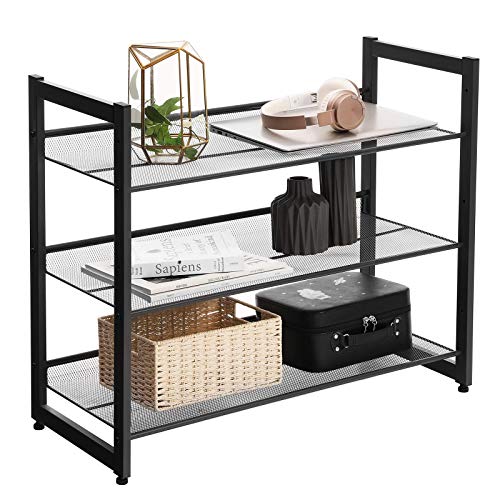 3-Tier Shoe Rack Storage, Steel Mesh, Flat or Angled Stackable Shoe Shelf Stand for 9 to 12 Pairs of Shoes, Black LMR03B