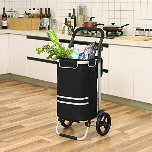 Shopping Trolley, Foldable Shopping Cart, Solid, with Insulated Cooling Bag, Large Capacity 35L, Multifunctional Luggage Cart with Wheels, Detachable Backpack, Black KST03BK