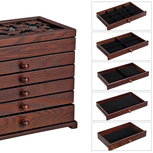 Wooden Jewellery Box with Floral Carving, 6-Tier Jewellery Organiser with 5 Removable Pull-Out Drawers, Gift for Loved Ones, Dark Brown JBC56W