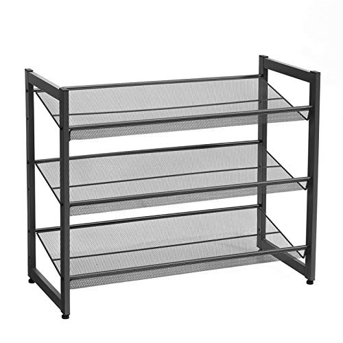 3-Tier Shoe Rack Storage, Steel Mesh, Flat or Angled Stackable Shoe Shelf Stand for 9 to 12 Pairs of Shoes, Black LMR03B