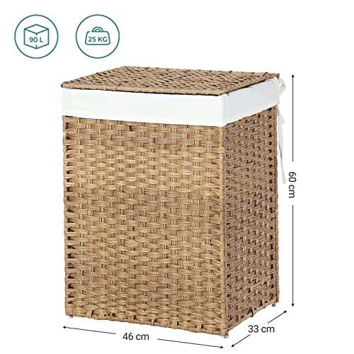 Handwoven Laundry Basket, 90L Synthetic Rattan Clothes Hamper with Lid and Handles, Foldable, Removable Liner Bag, Natural LCB51NL