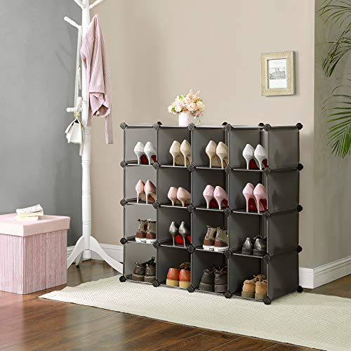 Interlocking Shoe Rack, Rectangular Storage Organiser, 15-Slot Modular DIY Storage Shelf Unit, Metal Wire Wardrobe, Grey LPC44G