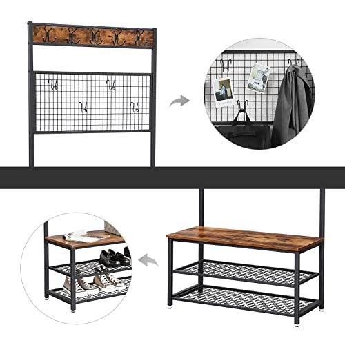 Garderobenständer, Industrieller Schuhregal und Bank mit Raster Memo Board, 9 Haken und Ablageflächen, Flurbaum mit stabilem Metallrahmen, Rustikales Braun HSR46BX