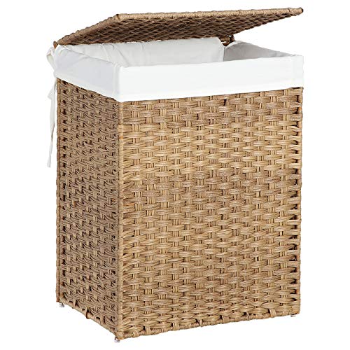 Handwoven Laundry Basket, 90L Synthetic Rattan Clothes Hamper with Lid and Handles, Foldable, Removable Liner Bag, Natural LCB51NL