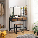 Vanity Table and Stool Set, Dressing Table with Tri-Fold Mirror, 3 Drawers, Makeup Table with Steel Frame, Industrial Style, Rustic Brown and Black RVT02BX