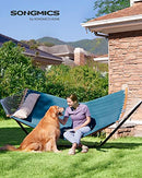 Padded Double Hammock, Quilted Hammock with Detachable Curved Bamboo Spreader Bars, Swing Bed with Pillow, Oxford Fabric, 200 x 140 cm, Load Capacity 225 kg, Blue and Beige GDC34QW