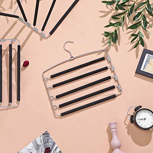 Trousers Hangers, Set of 3 Space-Saving Multi-Bar Metal Pants Hangers, Stable with Non-Slip Padding, Swing Bars for 5 Jeans Each, Suit Pants, Scarves, Ties CRI041BK