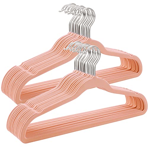 Set of 30 Velvet Hangers, 42 cm Long, Thin and Durable, High Load Capacity, with 360° Swivel Hooks, for Coats Shirts Suits, Pink CRF26PK, ABS Plastic, Metal, 43.5 x 0.6 x 22.5 cm