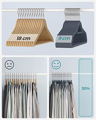 Velvet Hangers, Set of 20 Clothes Coat Hangers, Non-Slip, with Tie Bar and 360° Swivel Hook, Space-Saving, 0.6 cm Thick, 43.5 cm Long, for Dresses Trousers, Light Grey CRF20VX