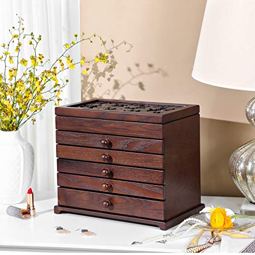 Wooden Jewellery Box with Floral Carving, 6-Tier Jewellery Organiser with 5 Removable Pull-Out Drawers, Gift for Loved Ones, Dark Brown JBC56W