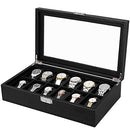 JWB302H watch box with 12 compartments, large watch box with glass lid, PU cover, velvet lining, metal clasp, great gift for loved ones, 36.2 x 9 x 21.3 cm, black