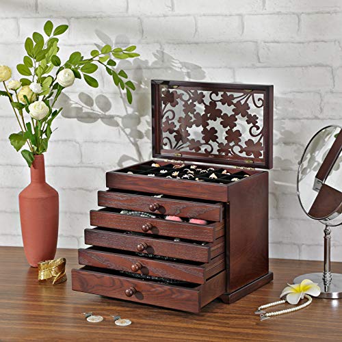 Wooden Jewellery Box with Floral Carving, 6-Tier Jewellery Organiser with 5 Removable Pull-Out Drawers, Gift for Loved Ones, Dark Brown JBC56W