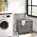 Handwoven Laundry Basket with Lid, Rattan-Style Laundry Hamper with 3 Separate Compartments, Handles, Removable Liner Bags, for Living Room, Bathroom, Laundry Room, Grey LCB083G02