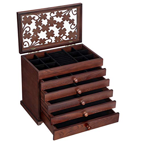 Wooden Jewellery Box with Floral Carving, 6-Tier Jewellery Organiser with 5 Removable Pull-Out Drawers, Gift for Loved Ones, Dark Brown JBC56W