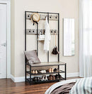 Großer Garderobenständer, Kleiderbaum mit 12 Haken und Schuhbank im Industriedesign, Flurbaum, Multifunktionales Flurregal, Büro, Schlafzimmer, Grau und Schwarz HSR086B02