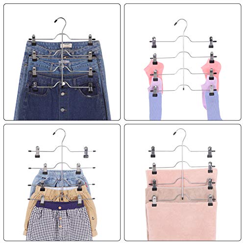 Hosenrock-Kleiderbügel mit Clips, 3er-Set, platzsparende 4-stufige Hosenbügel aus Metall, mit 8 verstellbaren, rutschfesten Clips, für Hosen, Jeans, Handtücher, Shorts, 32 cm, Silber und Schwarz