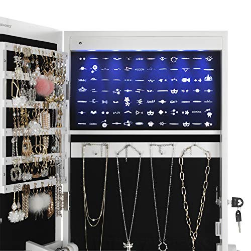 LED Jewelry Cabinet, Full Length Mirrored Jewellery Armoire, Lockable Jewellery Organiser with 2 Drawers, Sturdy and Stylish, Gift Idea, White JBC94W