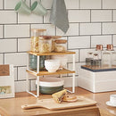 Spice Rack, Set of 2 Cupboard Shelf Organiser, Expandable Kitchen Shelf Organiser, Stackable Spice Holder, Metal and Bamboo, White and Natural KCS02NW