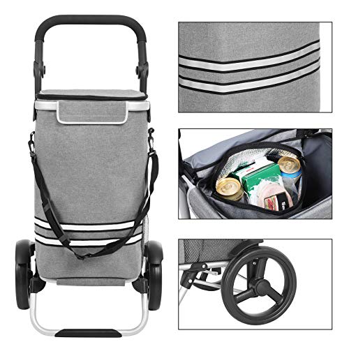 Shopping Trolley, Foldable Shopping Cart, Solid, with Insulated Cooling Bag, Large Capacity 35L, Multifunctional Luggage Cart with Wheels, Detachable Backpack, Grey KST02GY