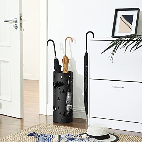 Metal Stand, Round Umbrella Holder Rack, with Hooks and Drip Tray, 49 x Ø 19.5 cm, Black LUC23B, 19.5 x 49 cm (Dia. x H)