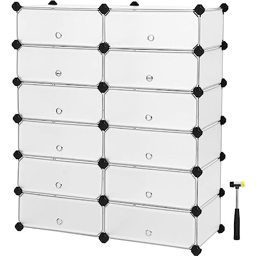 Interlocking Shoe Rack, Rectangular Storage Organiser, 12-Slot Modular DIY Storage Shelf Unit, 40 x 30 x 17 cm for Each Slot, Metal Wire Wardrobe, White LPC26W