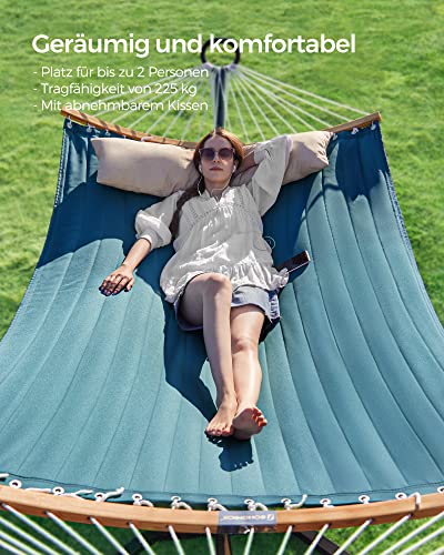 Padded Double Hammock, Quilted Hammock with Detachable Curved Bamboo Spreader Bars, Swing Bed with Pillow, Oxford Fabric, 200 x 140 cm, Load Capacity 225 kg, Blue and Beige GDC34QW