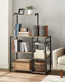 Küchenregal, Stehendes Regal mit Metallkorb, Bäckerregal mit 6 S-Haken und Einlegeböden, Mikrowellenregal, Gewürzregal, für Töpfe und Pfannen, Industriedesign, Eiche Braun/Schwarz KKS035B50