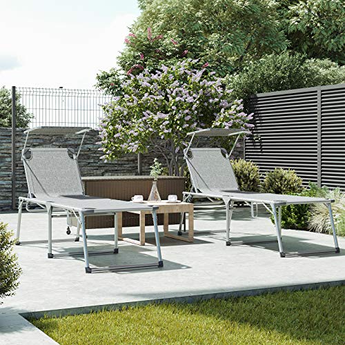 Sun Lounger, Sunbed, Large Reclining Sun Chair, 65 x 200 x 48 cm, Load Capacity 150 kg, with Reclining Backrest, Sunshade, Foldable, for Garden, Balcony, Terrace, Mottled Grey GCB26TG