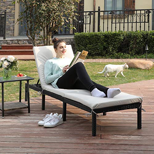 Sun Lounger, Sunbed with 5 cm Thick Mattress, Rattan-Like Surface, Reclining Backrest, 59 x 198 x 28 cm, Load Capacity 150 kg, for Garden, Terrace, Beige GCB27BRV1