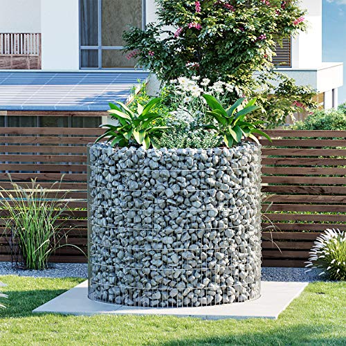 Tall Round Gabion for Stones, Metal Gabion Cage and Basket with Thick Grids 2.5 x 10 cm, Rust-Resistant Galvanised Steel, 90 x 80 cm (Dia. x H), Garden Flower Beds Decoration GGB879